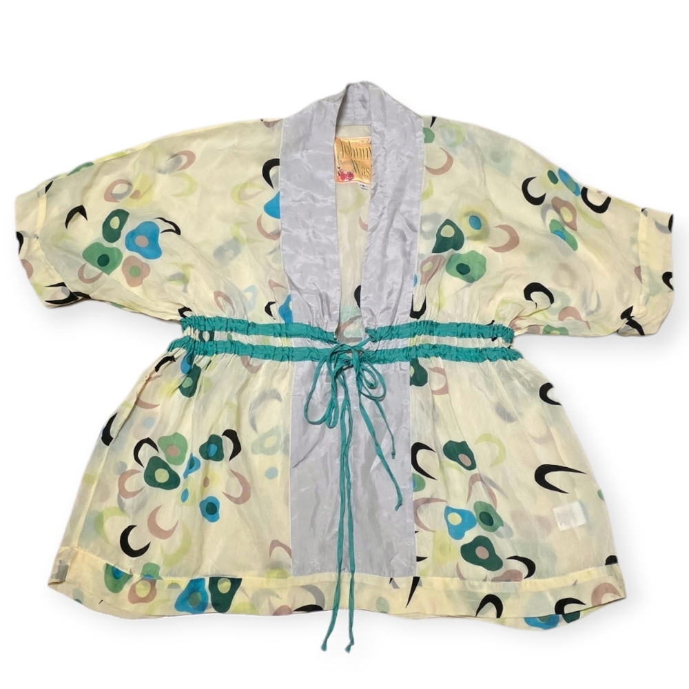 Johnny Was Pale Yellow Geometric Floral Kimono
